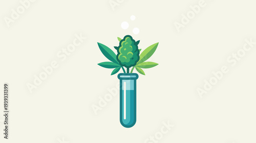 This image showcases a laboratory flask filled with water and a cannabis plant growing lush green leaves, symbolizing innovation in botanical science and medicinal research.