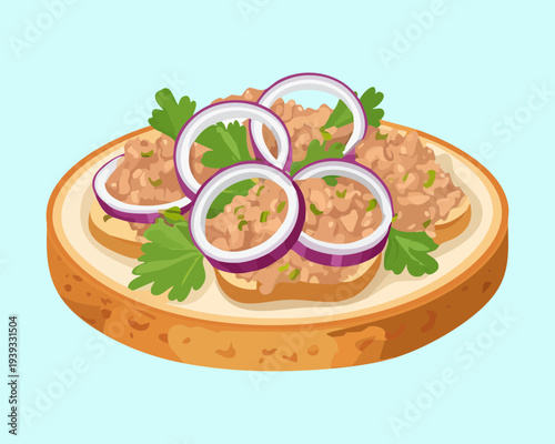 Round bread slice with meat spread and onion rings for savory appetizer and traditional snack menu design for restaurants - Vector Illustration