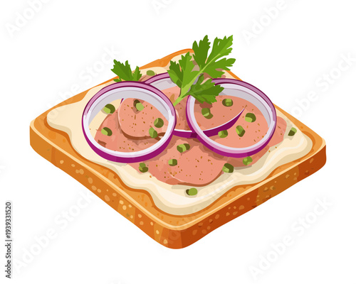 Toast topped with meat spread and onion slices for hearty savory breakfast and traditional snack option for any meal - Vector Illustration
