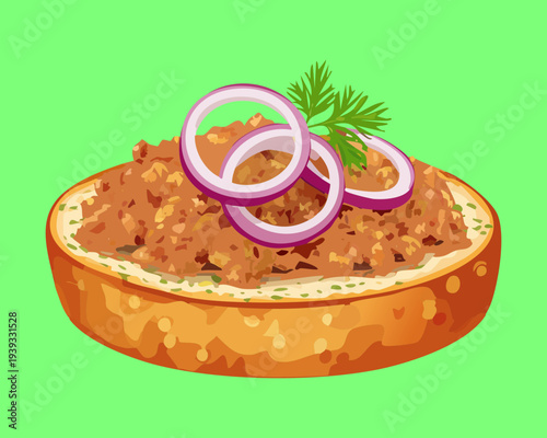 Round pastry filled with meat and topped with onion rings for savory appetizer and hearty snack menu design projects - Vector Illustration