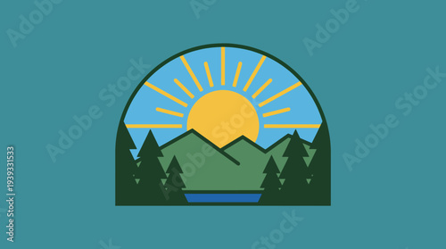 A beautiful and scenic landscape illustration featuring mountains, a shining sun, and lush trees, evoking a sense of peace, tranquility, and connection to nature and the outdoors.