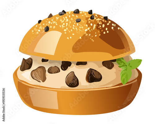 Small savory bun with meat filling and herb garnish for delicious appetizer and party snack catering in any event - Vector Illustration