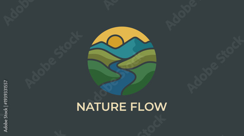 Captivating nature illustration featuring a scenic landscape with mountains, a river, and a vibrant sun, embodying tranquility and harmony in a colorful palette.