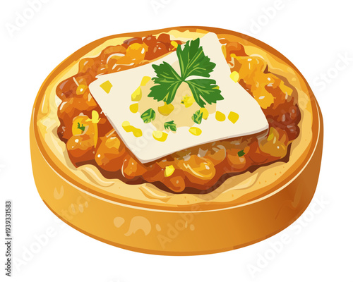 Savory tartlet with egg and herb topping for delicious breakfast snack and traditional appetizer option for any restaurant menu - Vector Illustration