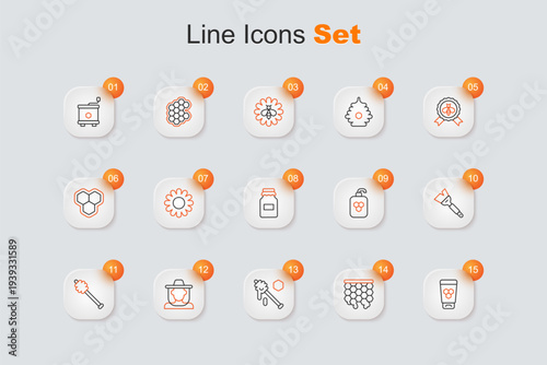 Set line Cosmetic tube with honey, Honeycomb, dipper stick, Beekeeper protect hat, Beekeeping brush, and Jar of icon. Vector