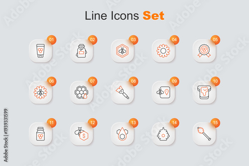 Set line Honey dipper stick, Hive for bees, Honeycomb, Sale of, Jar honey, Bread with, Bee location and Beekeeping brush icon. Vector