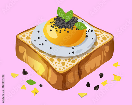 Toast topped with egg and dark caviar pearls for luxury breakfast snack and sophisticated appetizer menu for events tray - Vector Illustration
