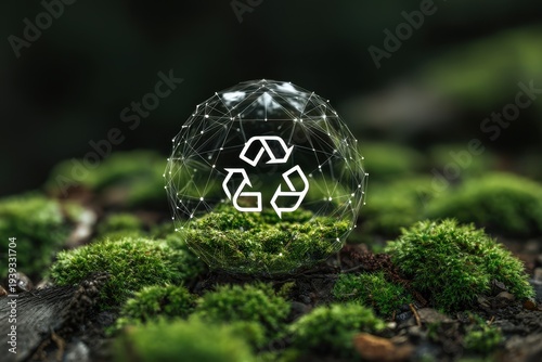 Transparent globe wrapped in digital neural network with recycle symbol and moss background