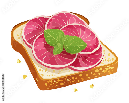 Toast topped with pink meat slices and herb garnish for savory snack and quick meal preparation ideas for catering - Vector Illustration