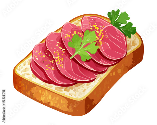 Toast with pink meat slices and herb garnish for savory snack and traditional appetizer option for any catering event - Vector Illustration