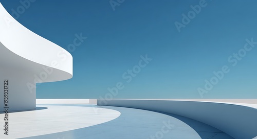 A minimalist futuristic architectural background featuring smooth curved concrete structures and an open modern space overlooking a calm ocean