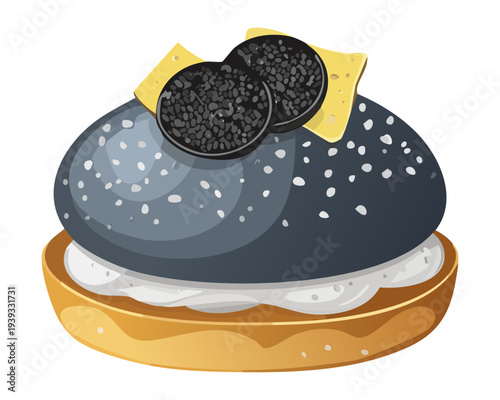 Round dark bun with cream and cheese topping for savory snack and traditional appetizer option for any catering event - Vector Illustration