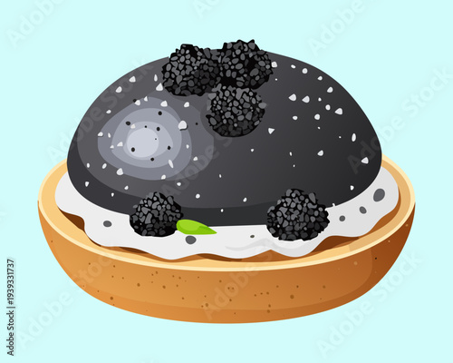 Round dark bun with white cream and dark berry topping for sophisticated sweet snack and elegant dessert option - Vector Illustration
