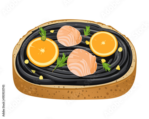 Round toast with dark spread and pink meat garnish for savory appetizer and creative snack menu design for restaurants - Vector Illustration