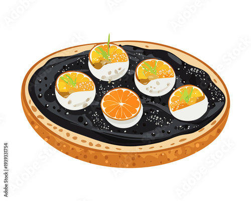 Round toast with dark spread and egg topping for savory breakfast snack and traditional appetizer option for any catering - Vector Illustration