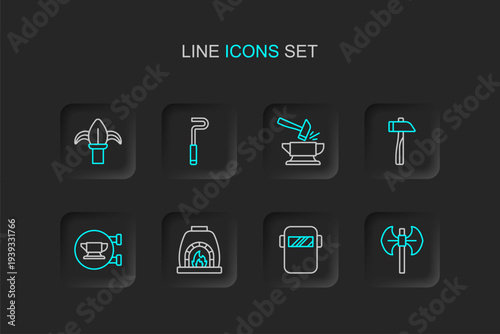 Set line Medieval poleaxe, Welding mask, Blacksmith oven, anvil tool, Hammer, Anvil and hammer, Fire poker and Classic iron fence icon. Vector