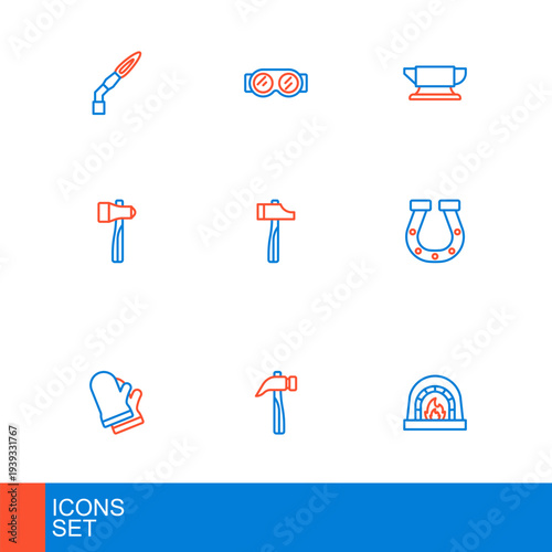 Set line Blacksmith oven, Hammer, Protective gloves, Horseshoe, anvil tool and Welding glasses icon. Vector