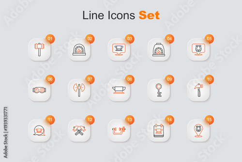 Set line Horseshoe, Blacksmith anvil tool, Clamp and screw, Crossed hammer, Hammer, Old key and icon. Vector