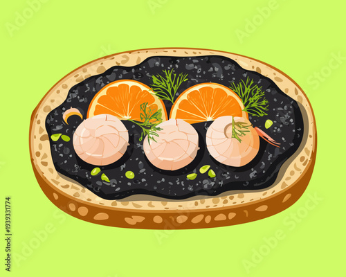 Round toast with dark spread and orange fruit garnish for creative healthy snack and colorful breakfast menu design projects - Vector Illustration