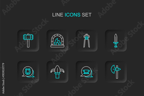Set line Medieval axe, Blacksmith anvil tool, Classic iron fence, Horseshoe, sword, pliers, oven and Sledgehammer icon. Vector