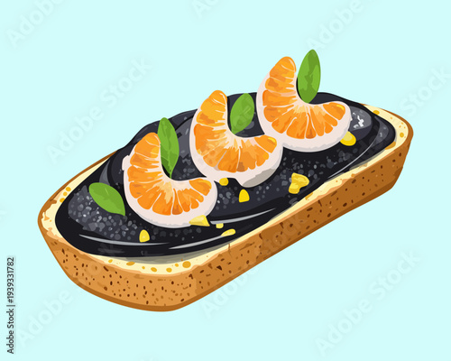 Toasted bread slice with blue spread and shrimp topping for creative seafood appetizer and sophisticated snack menu for events - Vector Illustration