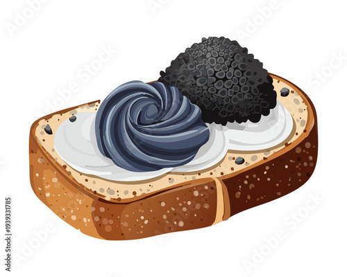 Toast topped with white cream and dark berry garnish for simple sweet snack and delicious dessert option for cafes - Vector Illustration