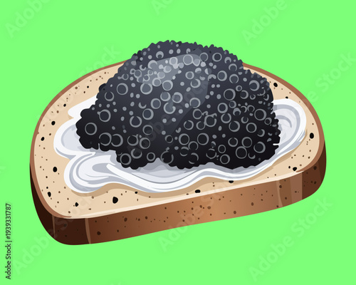 Toast with white spread and dark caviar pearls for luxury seafood appetizer and high end catering food presentation tray - Vector Illustration