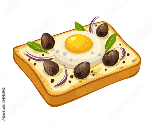 Toast topped with fried egg and black olives for hearty savory breakfast and traditional snack menu design for cafes - Vector Illustration