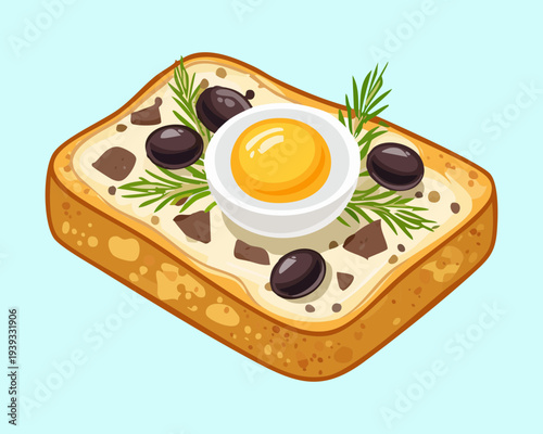 Toast topped with fried egg and dark olives for classic savory breakfast and traditional snack option for any meal - Vector Illustration