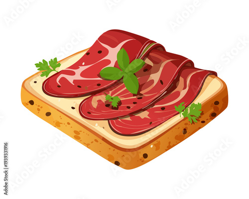Toast topped with thin meat slices and green herb garnish for savory snack and traditional appetizer menu for restaurants - Vector Illustration