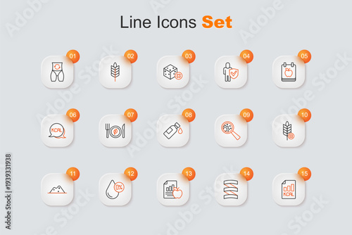 Set line Diet plan, Sports nutrition proteine, Water balance, Salt, Gluten free grain, GMO and Bottle of water icon. Vector