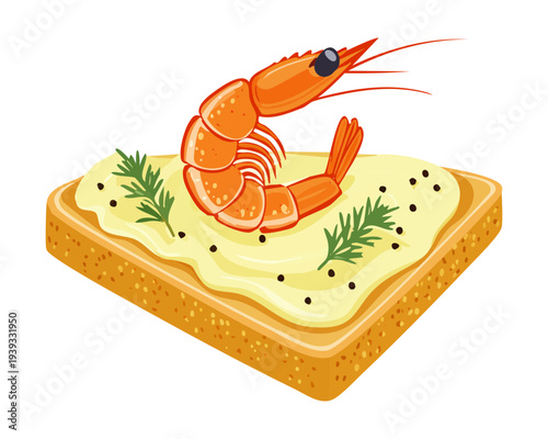 Toast slice with shrimp topping and green herb garnish for delicious seafood snack and traditional appetizer for any cafe - Vector Illustration