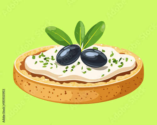 Round toast topped with white cream and black olive for simple savory snack and healthy appetizer for any meal - Vector Illustration