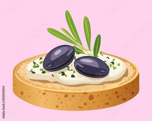 Round toast with white cream and black olive garnish for simple savory appetizer and healthy snack menu design projects - Vector Illustration