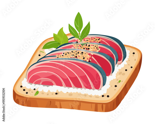 Toast topped with meat slices and herb garnish for savory snack and traditional appetizer menu design for catering events - Vector Illustration