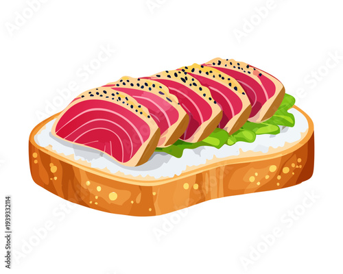 Toast slice with fish topping and herb garnish for delicious seafood snack and traditional appetizer for any cafe meal - Vector Illustration
