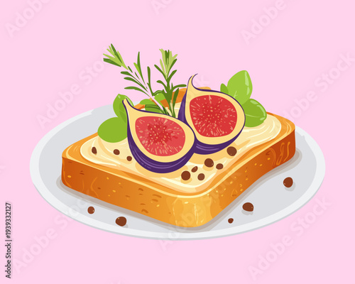 Round bread with fig topping and herb garnish for creative healthy snack and colorful breakfast menu design for cafes - Vector Illustration