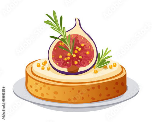 Round toast with white cream and fig topping for sweet breakfast snack and delicious dessert option for any cafe - Vector Illustration