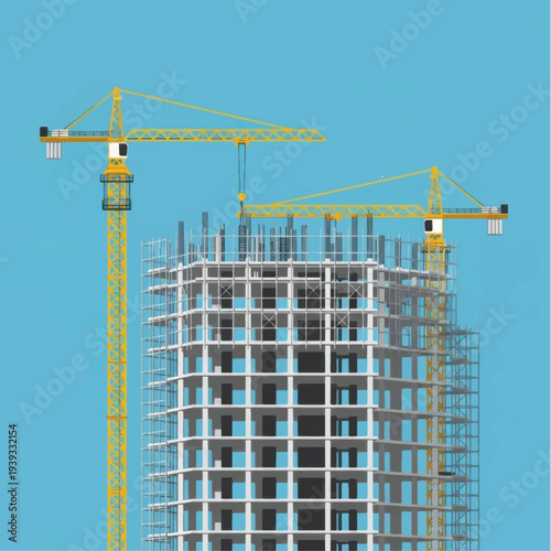 Construction Site with Cranes and Building.