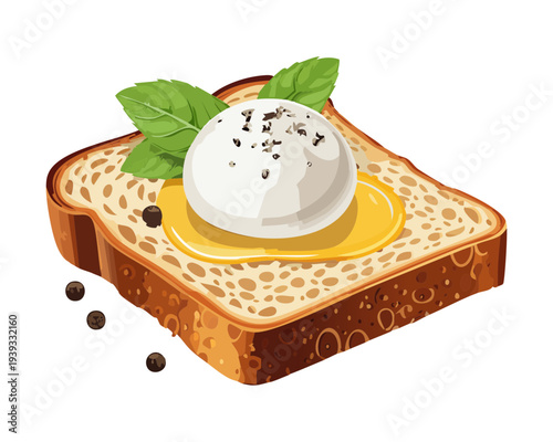 Square toast with white cream and black berry topping for healthy fruit snack and creative sweet breakfast menu design - Vector Illustration