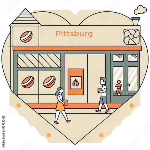 Pittsburg Bakery and Coffee Shop Illustration with People and Heart Background