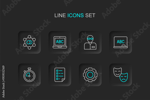 Set line Comedy and tragedy masks, Gear, Clipboard with checklist, Stopwatch, Chalkboard, Teacher, Laptop and Molecule icon. Vector