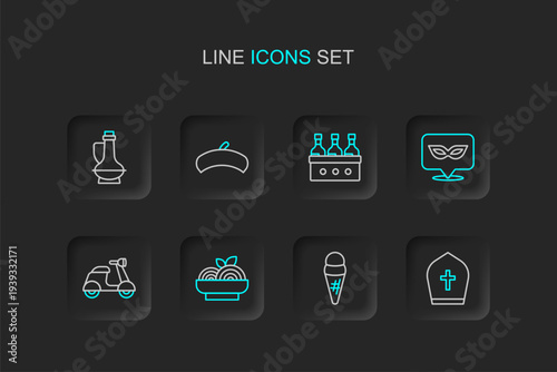 Set line Pope hat, Ice cream in waffle, Pasta spaghetti, Scooter, Carnival mask, Bottles of wine, French beret and olive oil icon. Vector