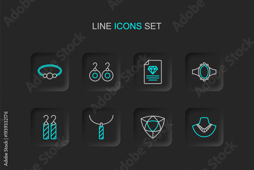 Set line Necklace on mannequin, Diamond, Pendant necklace, Earrings, engagement, Certificate of the diamond, and Bracelet jewelry icon. Vector