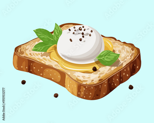 Square toast topped with white cream and black berry for simple sweet snack and delicious dessert option for cafes - Vector Illustration