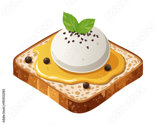 Square toast with white cream and black berry garnish for simple sweet snack and delicious dessert option for cafe - Vector Illustration