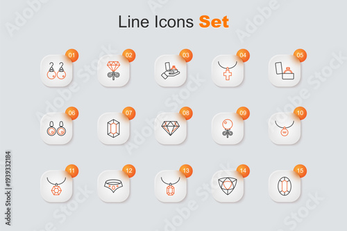 Set line Gem stone, Diamond, Pendant necklace, Necklace, Locket, Stud earrings and icon. Vector