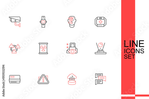 Set line Speech bubble chat, Network cloud connection, Exclamation mark in triangle, Credit card, Hologram, Cyber security, Radioactive waste barrel and Earth with exclamation icon. Vector
