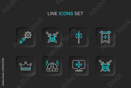 Set line Shield with swords, Crusade, Viking in horned helmet, King crown, Medieval flag, axe, Skull and Mace spikes icon. Vector