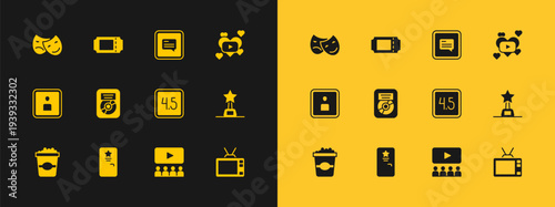 Set Romantic movie, Backstage, Rating, Cinema auditorium with screen, CD disk award frame, Video subtitles, Comedy and tragedy masks and ticket icon. Vector